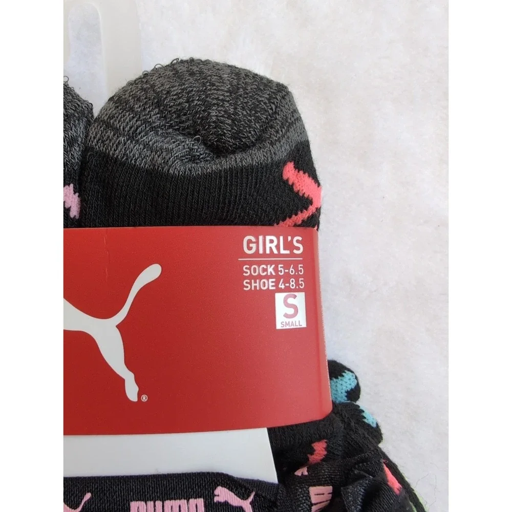 PUMA Girls 8 Pack Low Cut Heart Socks + 4  Hair Ties, 5-6.5, Black/Multi Small